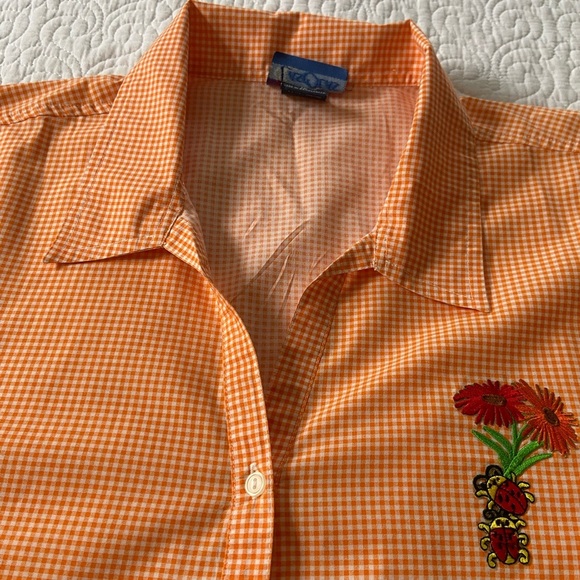 Las Olas Orange and White Gingham Button Down Shirt Cottagecore Cabincore Retro - Picture 6 of 13